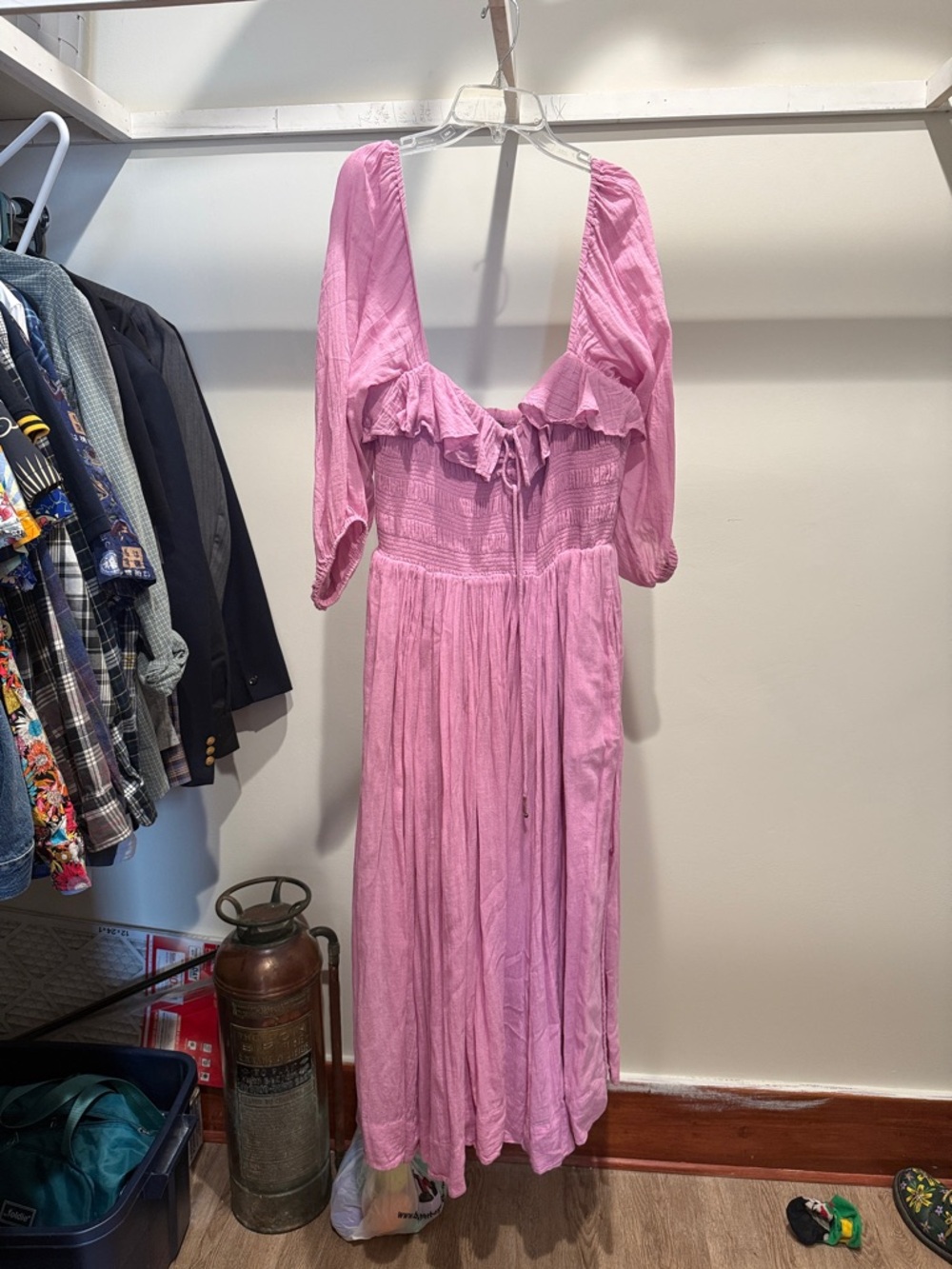 Free People Pink Ruffle Midi Dress with Puff Sleeves